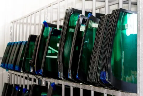 A Bunch of Windshields arranged on a shelf in Auto Repair Shop